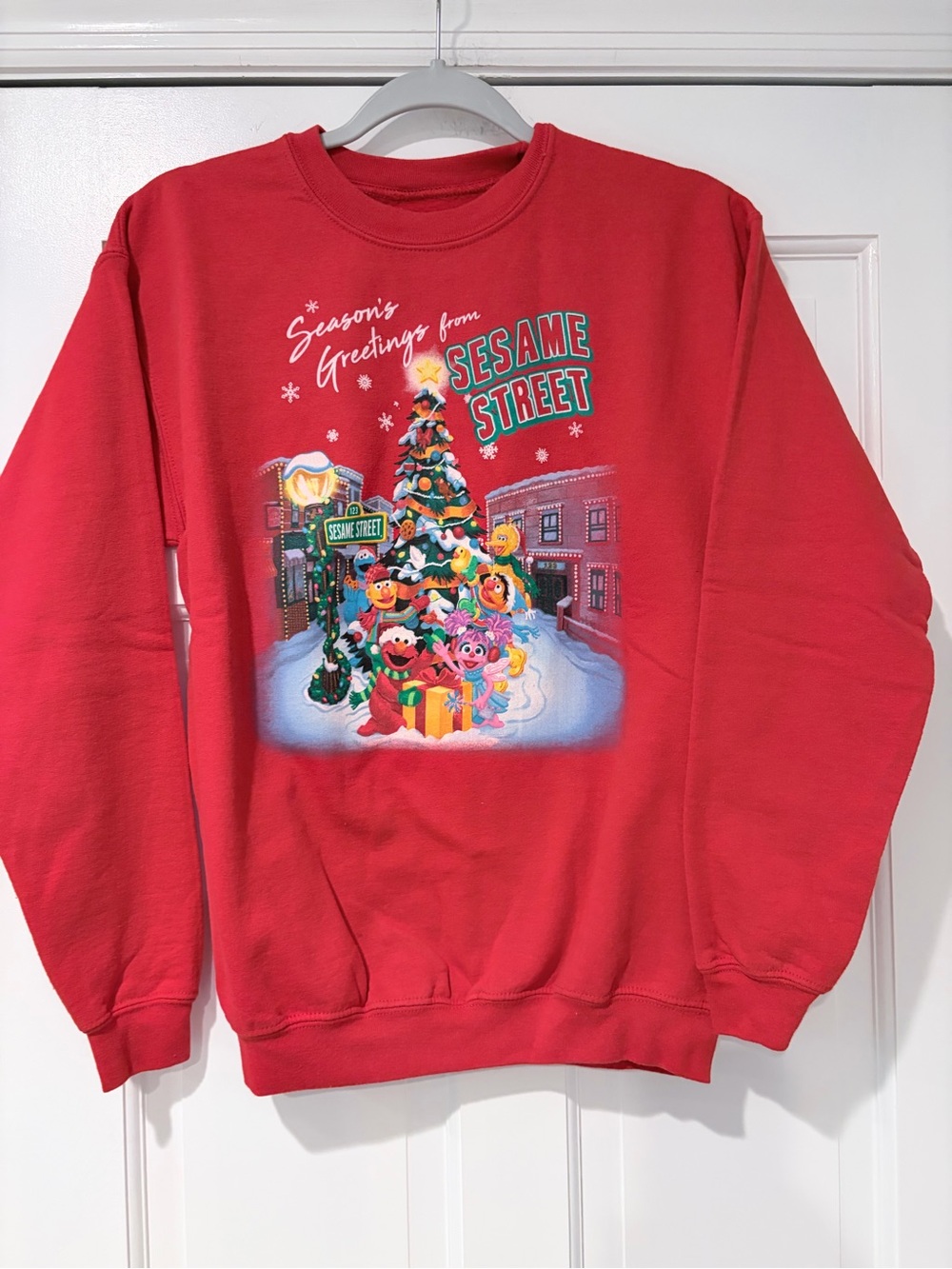 Sesame Street Red Holiday Crewneck Sweatshirt with Multi-Color Graphic